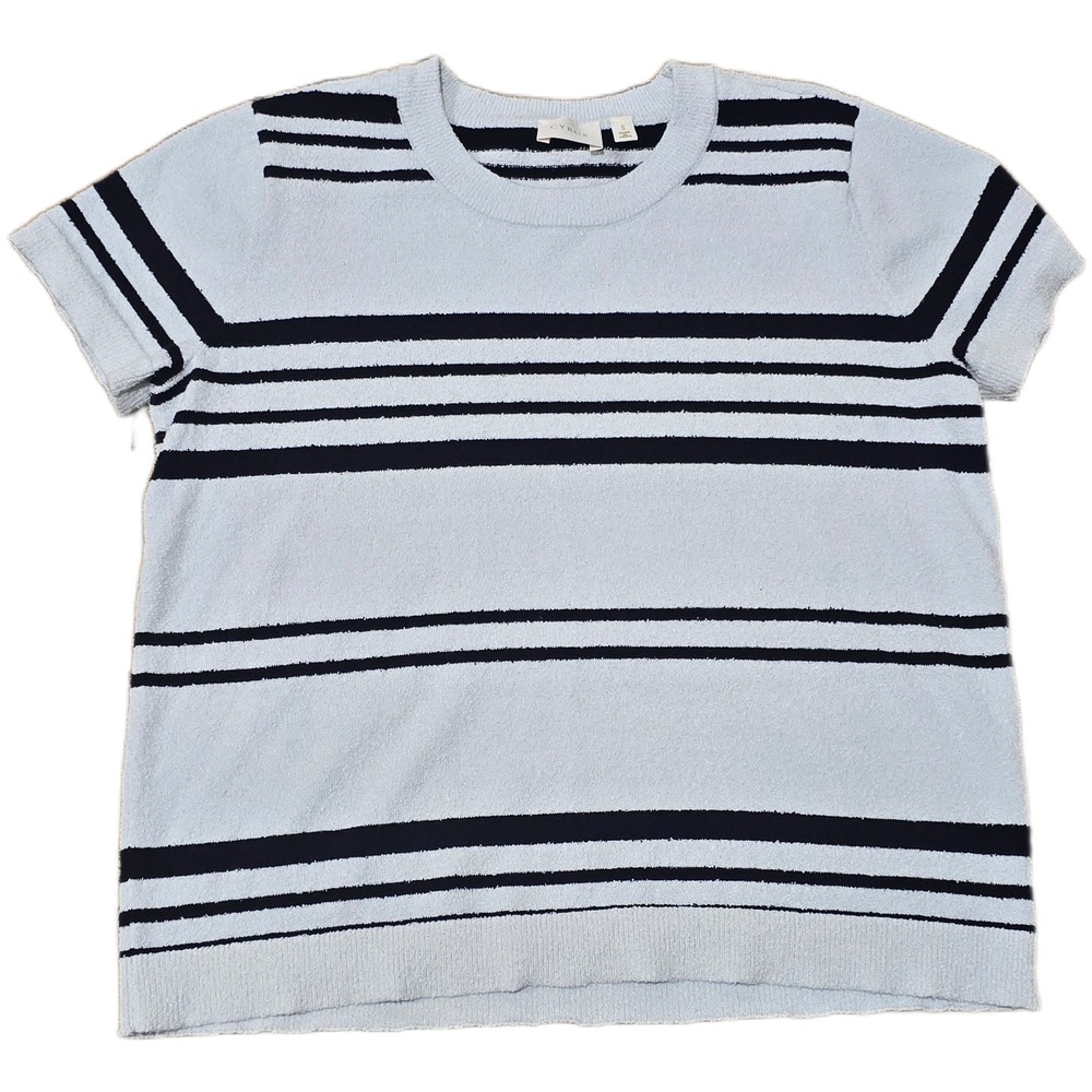 CYRUS Striped Fuzzy Knit Short Sleeve Sweater Light Blue Navy Women's S Casual